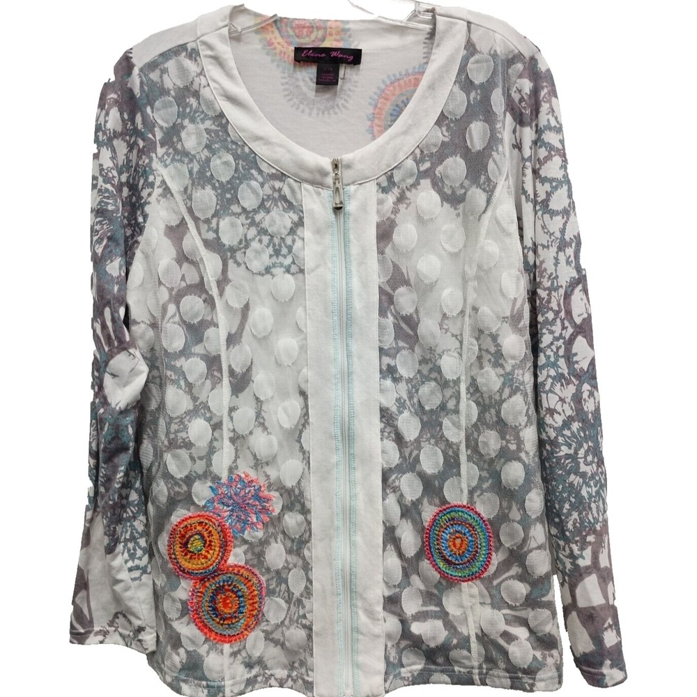 Elena Wang Wearable Art Jacket Womens Large Abstract Embroidered Lace Zip Front